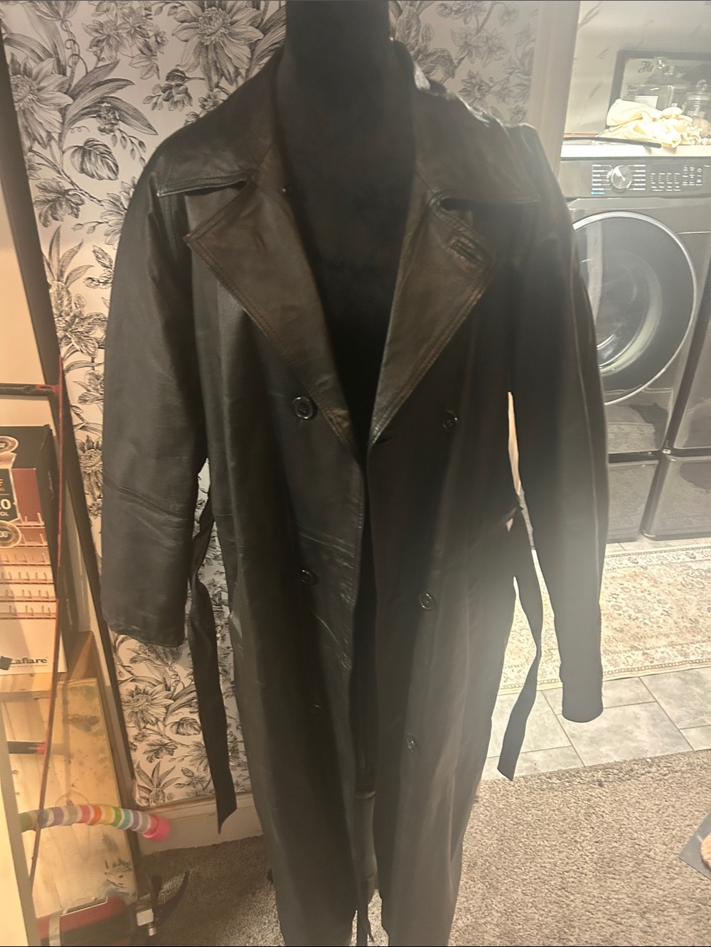 Men's Black Leather Trench Coat with Belted Waist